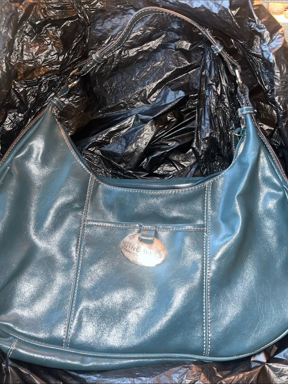 Nine West Teal Hobo Shoulder Bag with Logo Plaque
